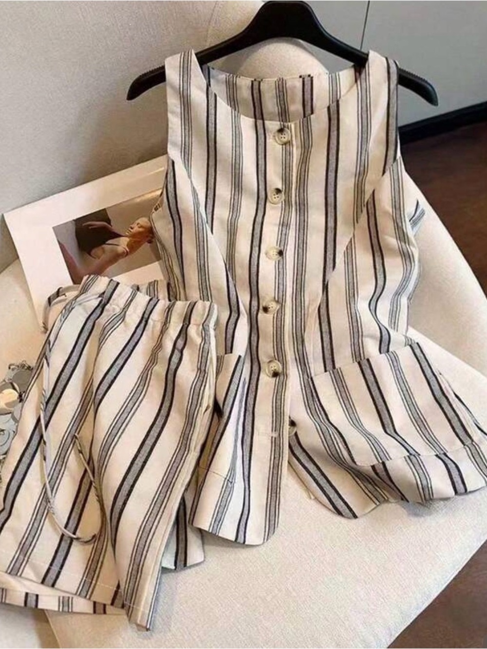 SHEIN Cream and Black Striped Button-Front Skirt Set